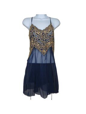 Especially Yours Navy Gold Sheer Lace Overlay Nightgown USA Made Adjustable Stra